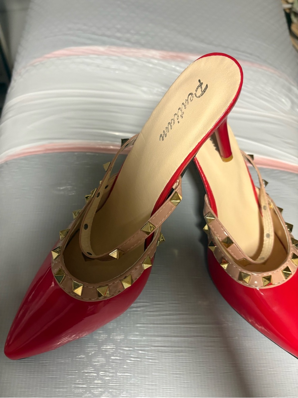 Red Pointed Patent Mule Heels with Nude Studded Strap by Unknown